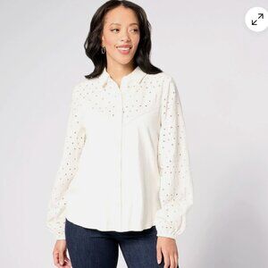 Canon Retreat Cream Eyelet Button-Down Boho Cotton Shirt - 1X